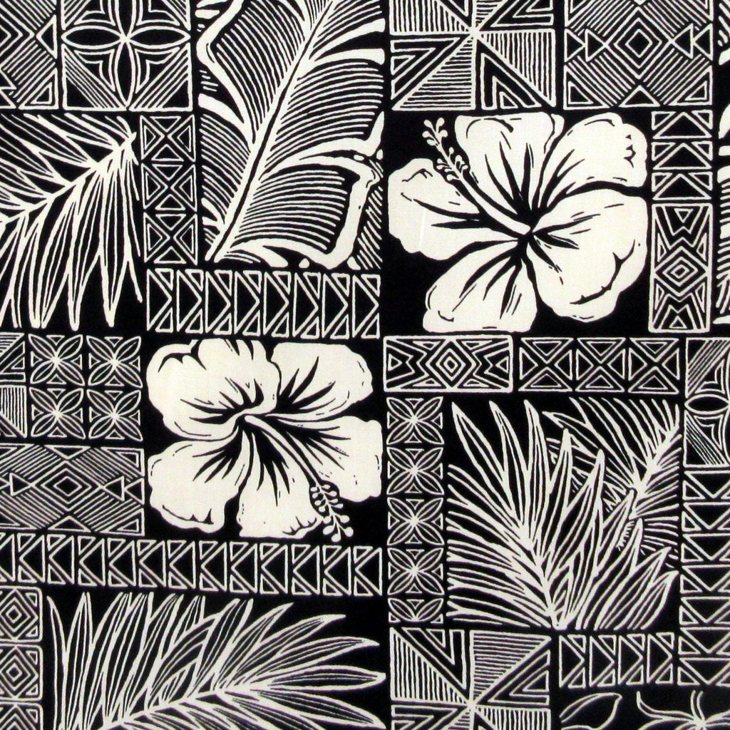 Hawaiian Fabric, Polynesian Hibiscus Block Prints in Black, By the Half or Full Yard