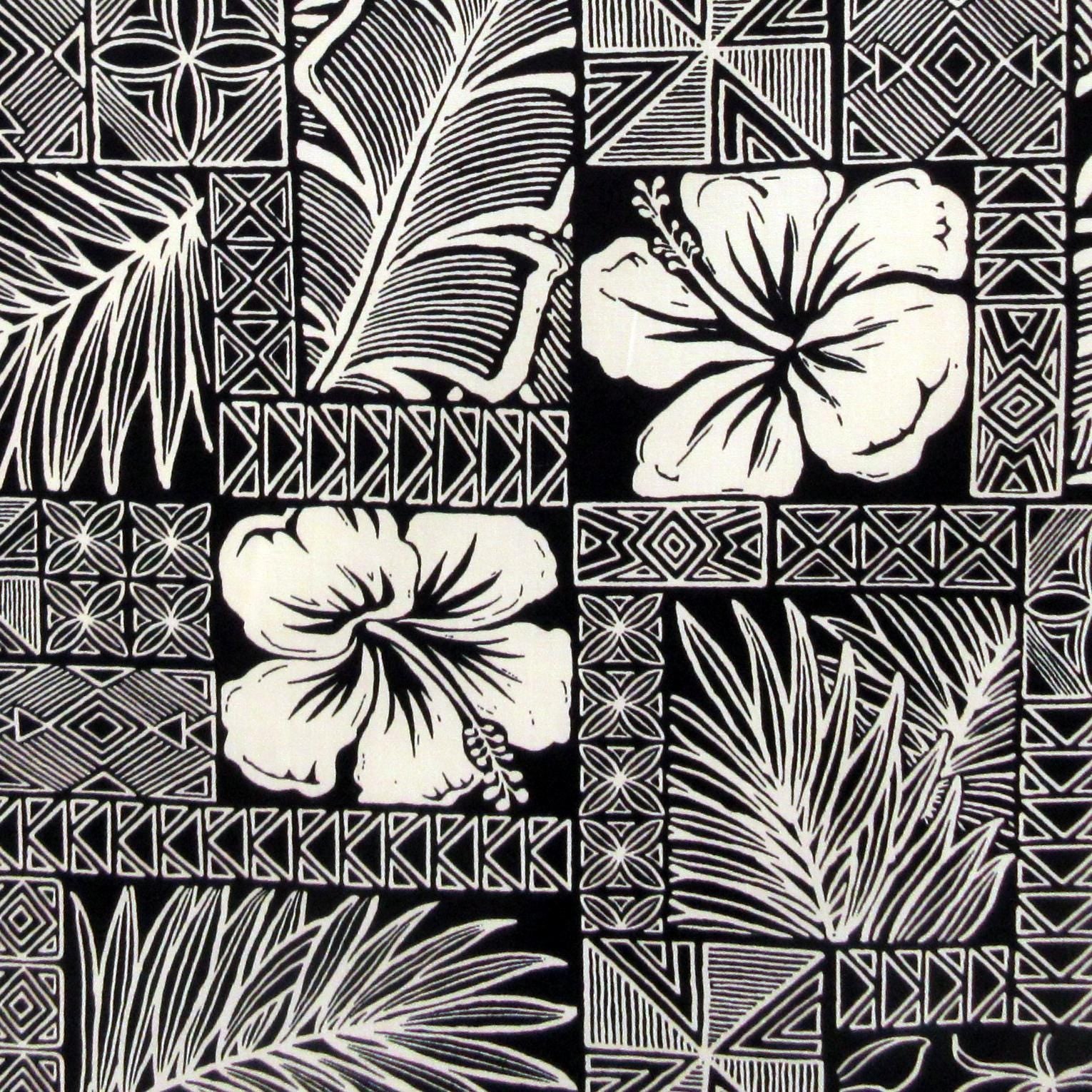 Hawaiian Fabric, Polynesian Hibiscus Block Prints in Black, By the Half or Full Yard