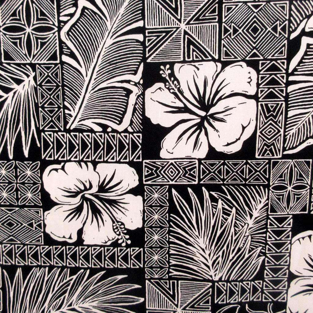 Hawaiian Fabric, Polynesian Hibiscus Block Prints in Black, By the Half or Full Yard