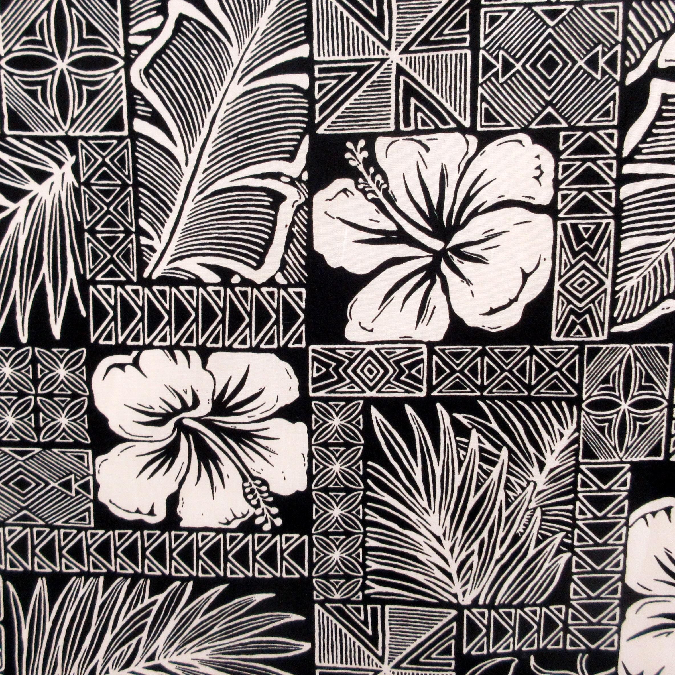 Hawaiian Fabric, Polynesian Hibiscus Block Prints in Black, By the Half or Full Yard