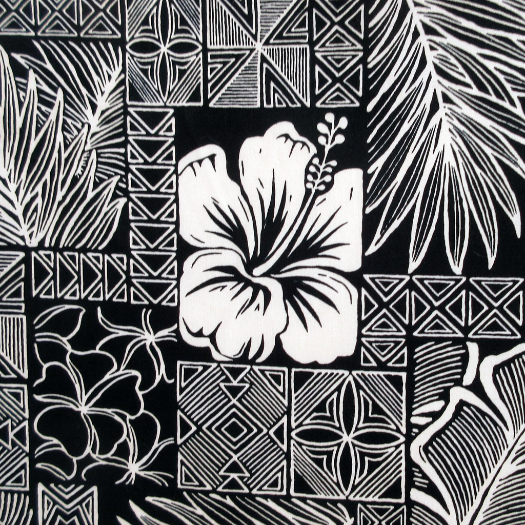 Hawaiian Fabric, Polynesian Hibiscus Block Prints in Black, By the Half or Full Yard
