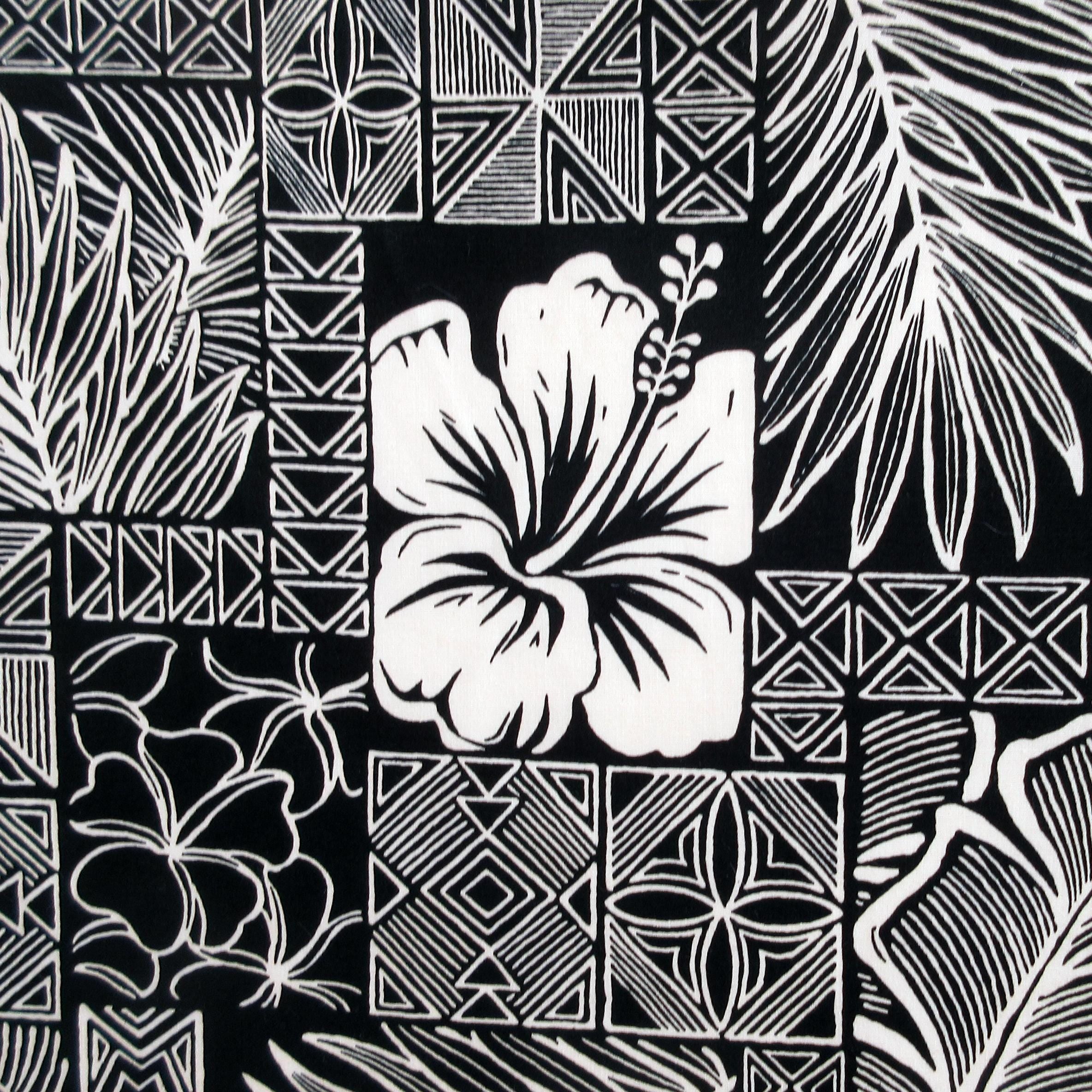 Hawaiian Fabric, Polynesian Hibiscus Block Prints in Black, By the Half or Full Yard