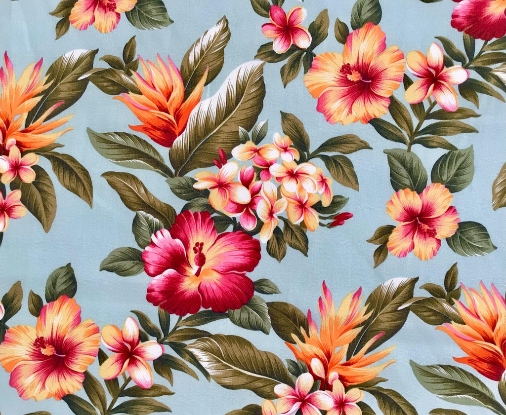 Fabric, Hibiscus Sunset Glow on Aqua, Cotton Poplin Tropical Hawaii, By the Half or Full Yard