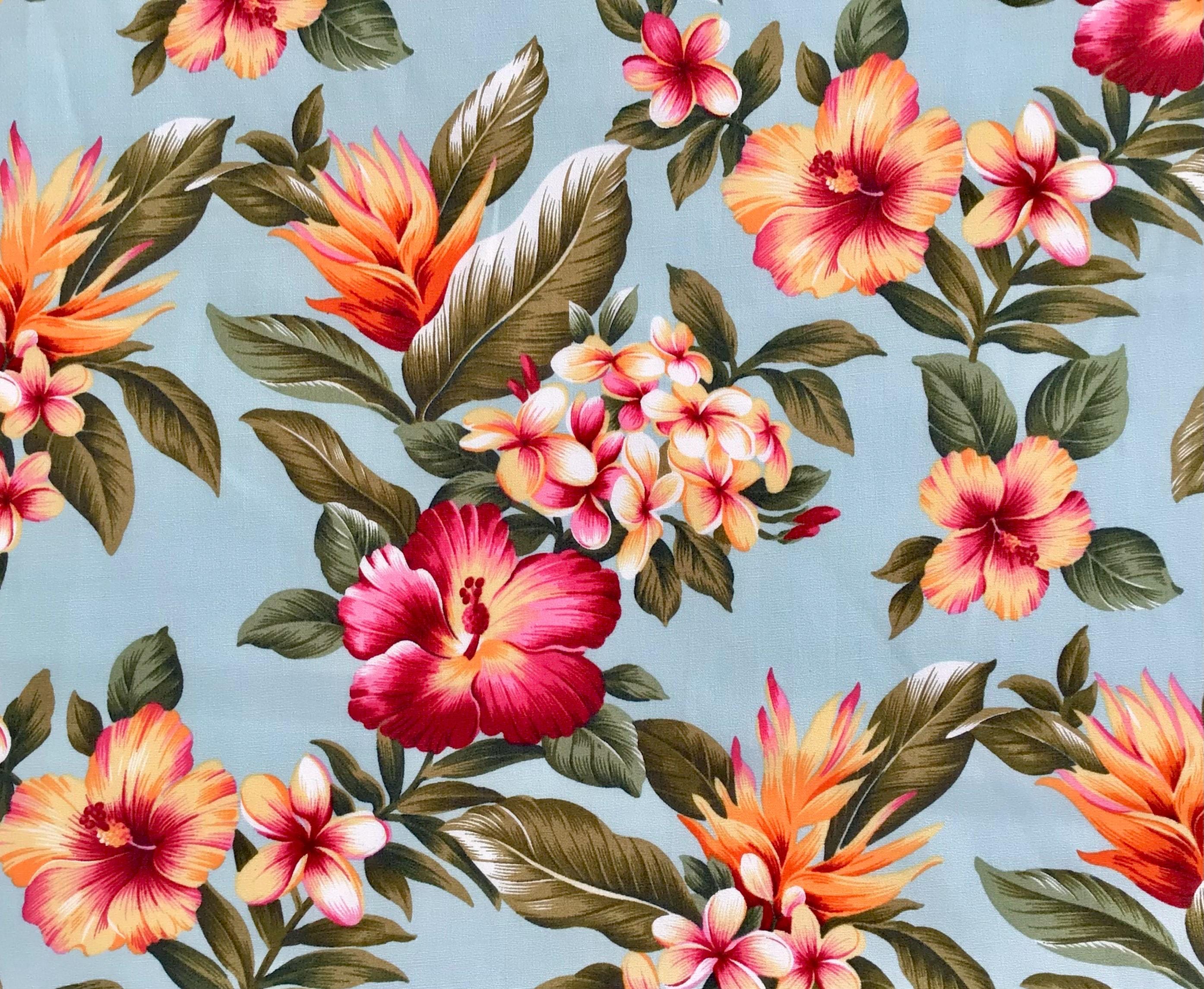 Fabric, Hibiscus Sunset Glow on Aqua, Cotton Poplin Tropical Hawaii, By the Half or Full Yard