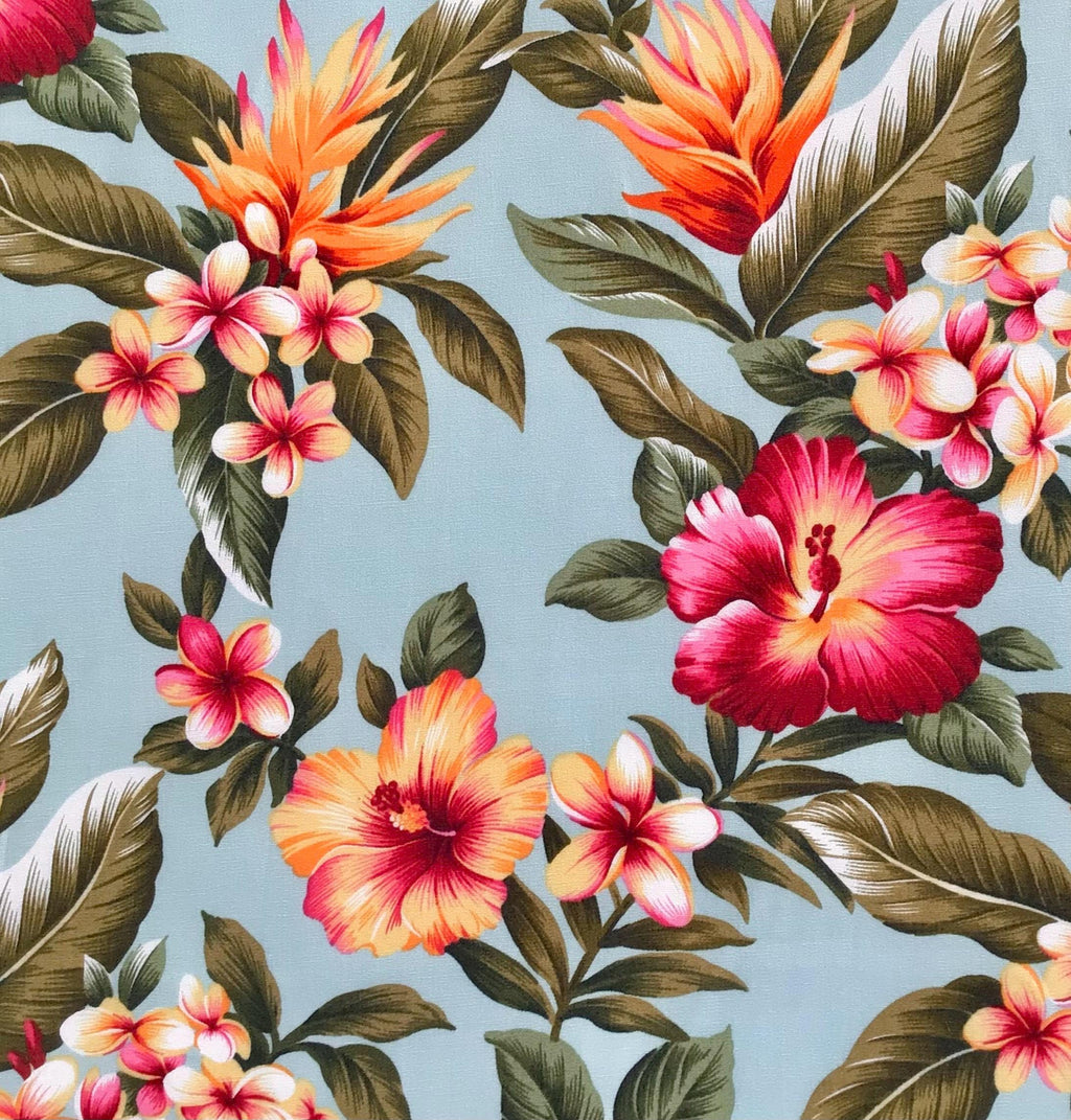 Fabric, Hibiscus Sunset Glow on Aqua, Cotton Poplin Tropical Hawaii, By the Half or Full Yard