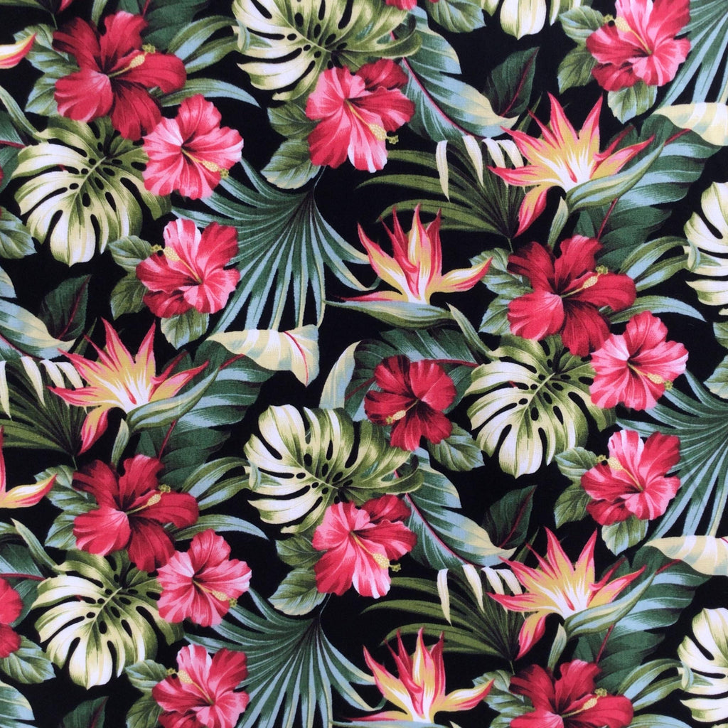 Fabric, Small Red Hibiscus Garden on Black, Tropical Hawaii, By the Half or Full Yard