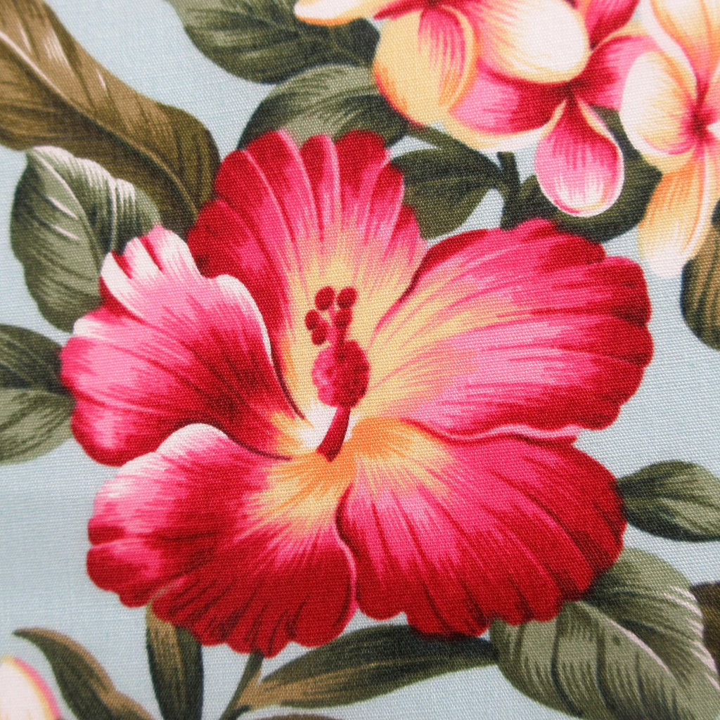 Fabric, Hibiscus Sunset Glow on Aqua, Cotton Poplin Tropical Hawaii, By the Half or Full Yard