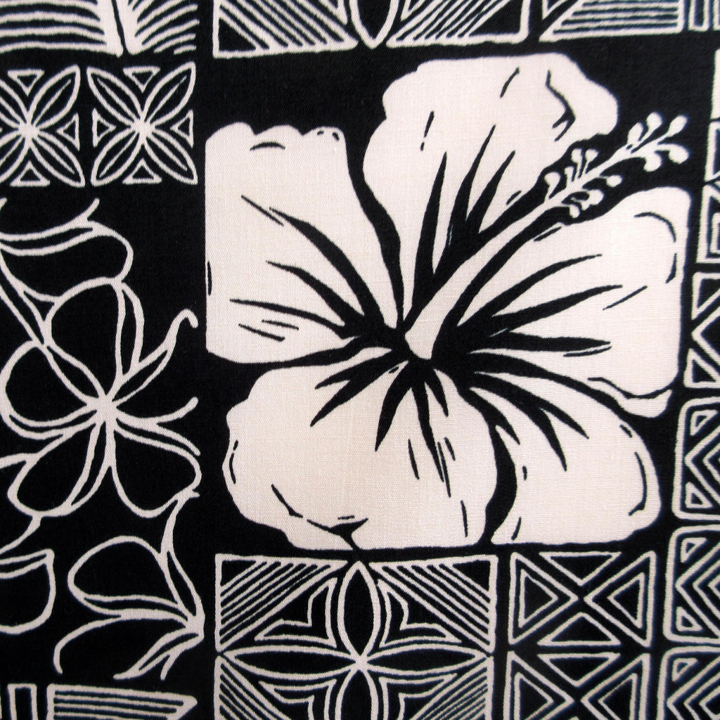 Hawaiian Fabric, Polynesian Hibiscus Block Prints in Black, By the Half or Full Yard