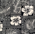 Hawaiian Fabric, Polynesian Hibiscus Block Prints in Black, By the Half or Full Yard