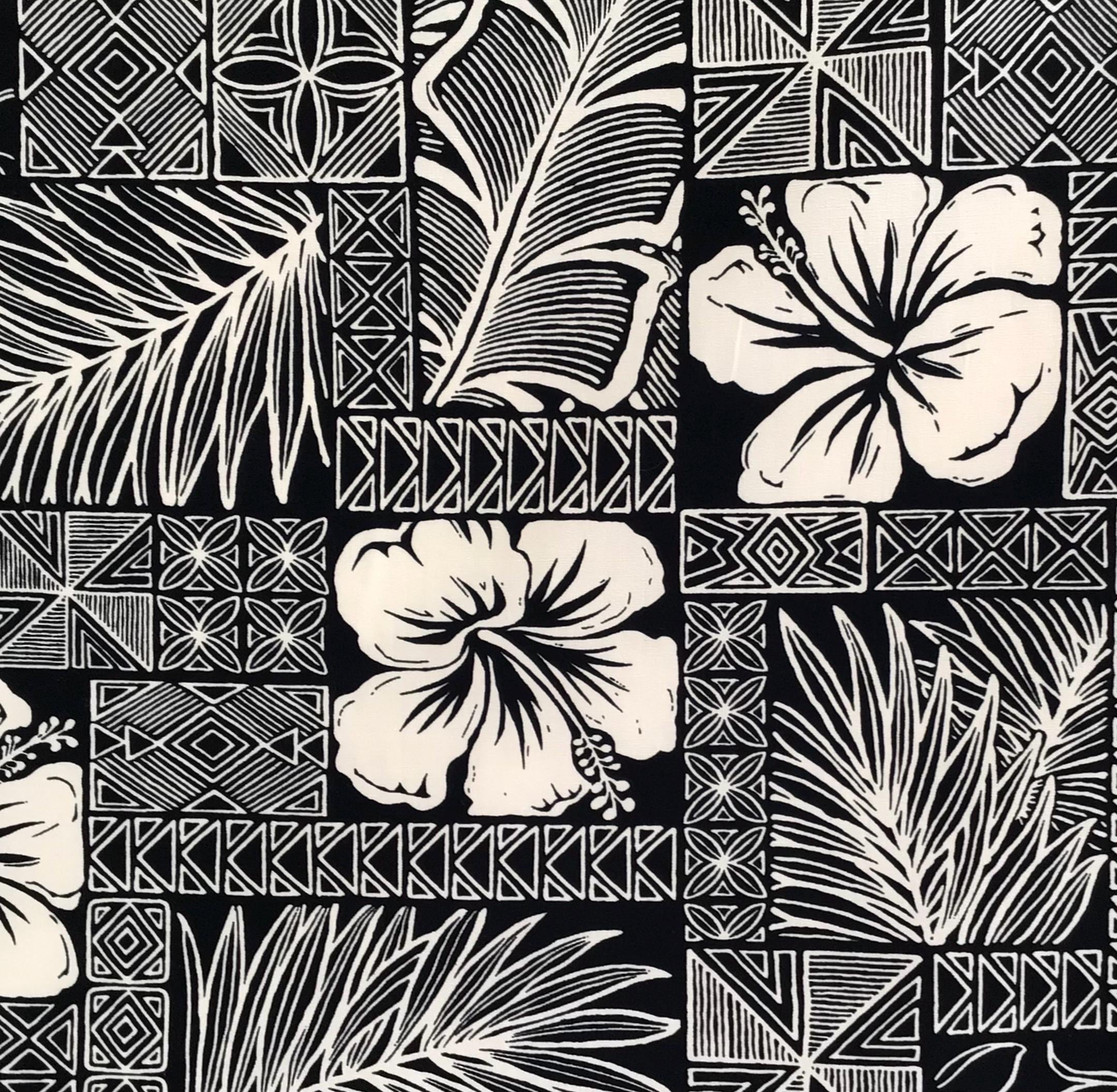 Hawaiian Fabric, Polynesian Hibiscus Block Prints in Black, By the Half or Full Yard