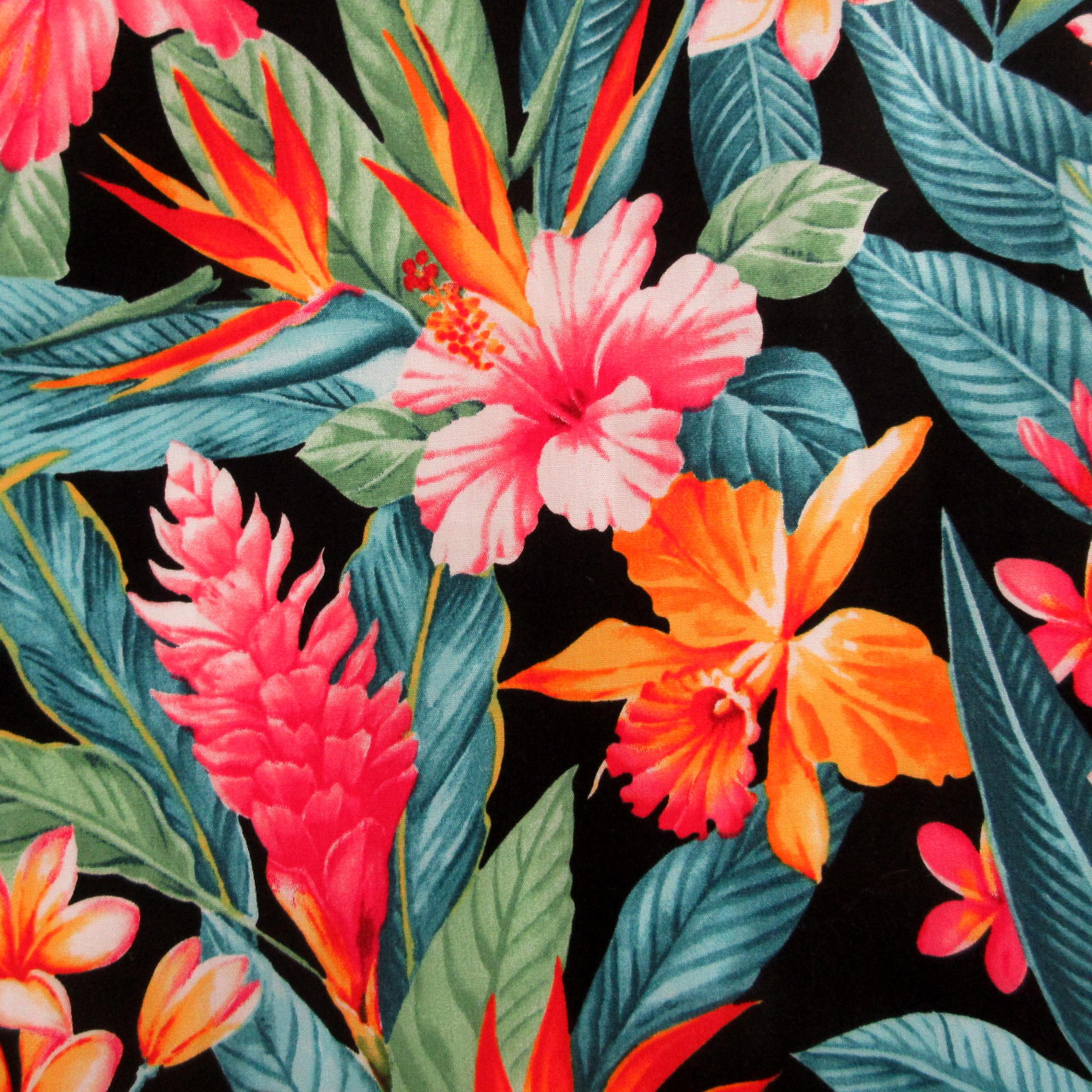 Tropical Fabric, Botanical Garden Paradise on Black, By the Half or Full Yard