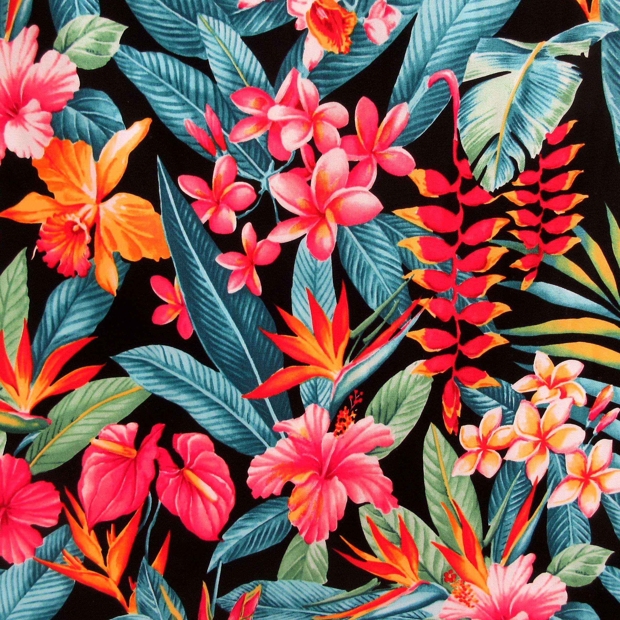 Tropical Fabric, Botanical Garden Paradise on Black, By the Half or Full Yard