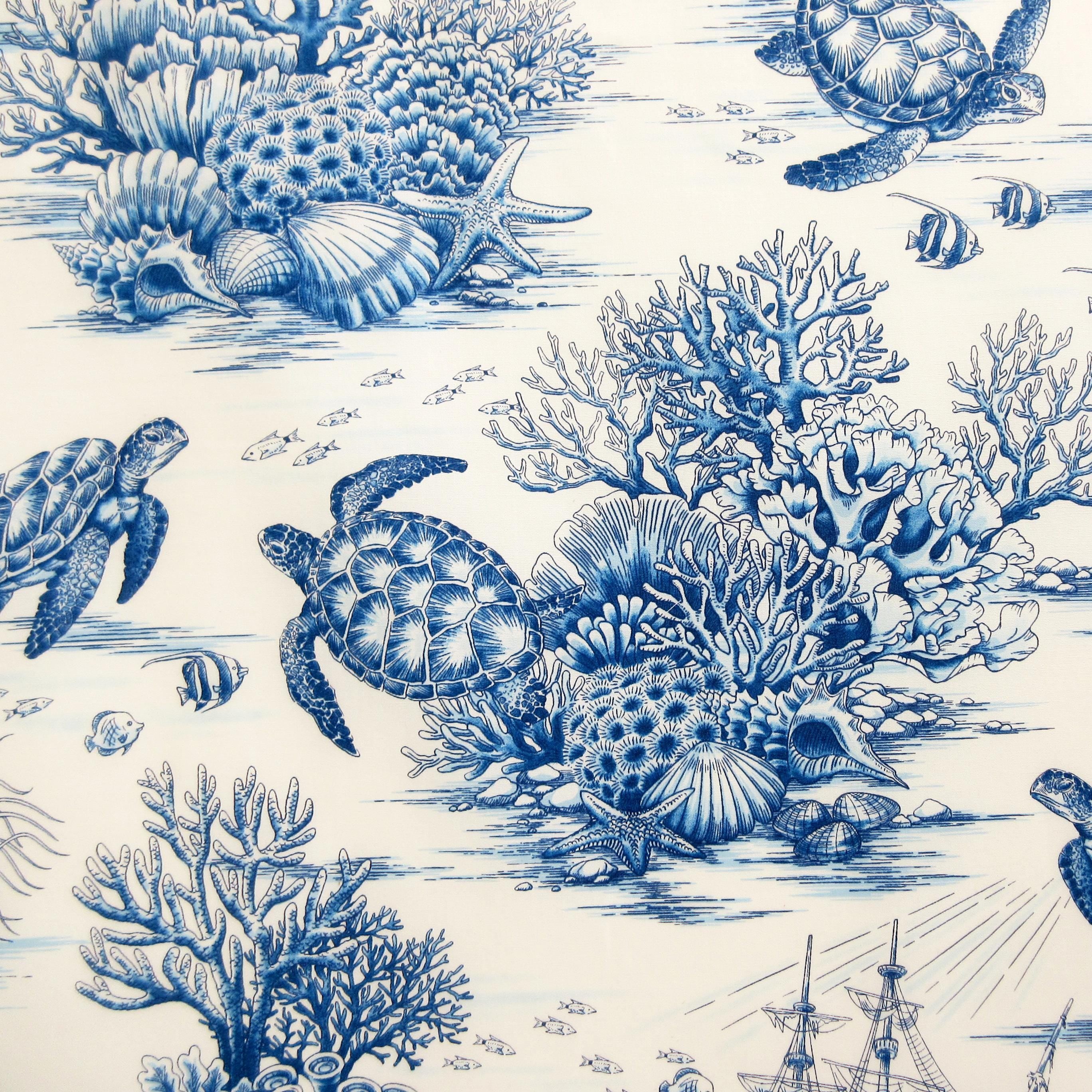 Fabric, Sea Turtle Toile in Blue, By the Half or Full Yard