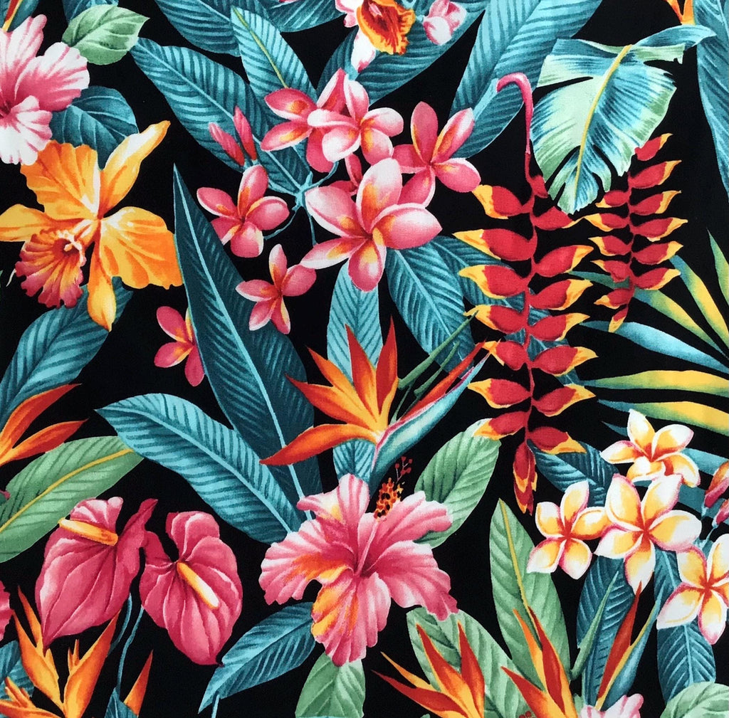 Tropical Fabric, Botanical Garden Paradise on Black, By the Half or Full Yard