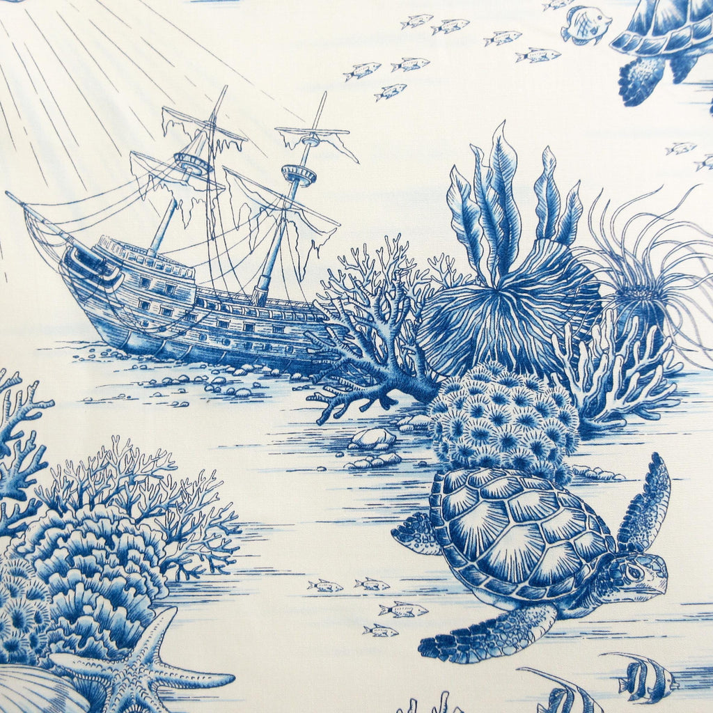 Fabric, Sea Turtle Toile in Blue, By the Half or Full Yard