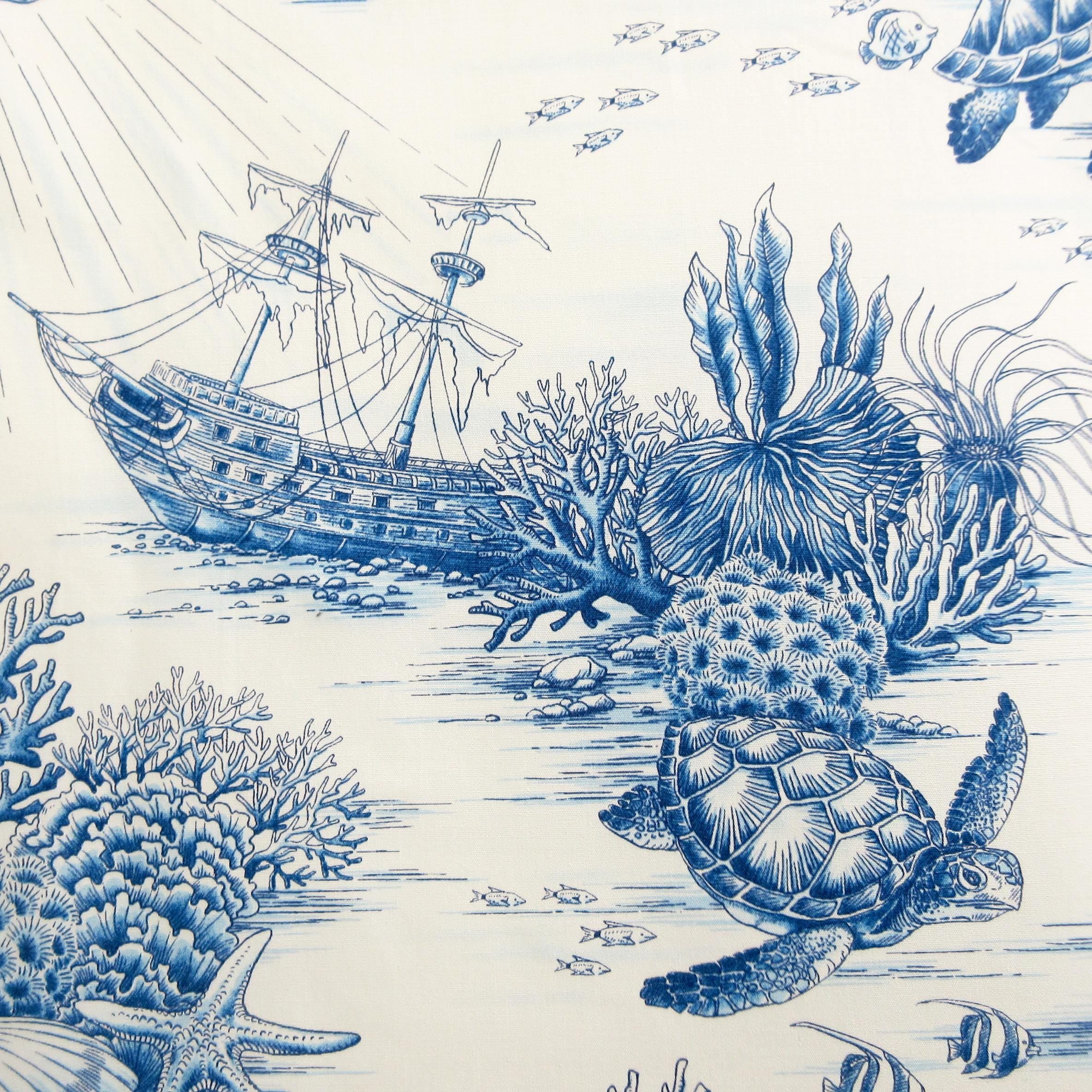 Fabric, Sea Turtle Toile in Blue, By the Half or Full Yard