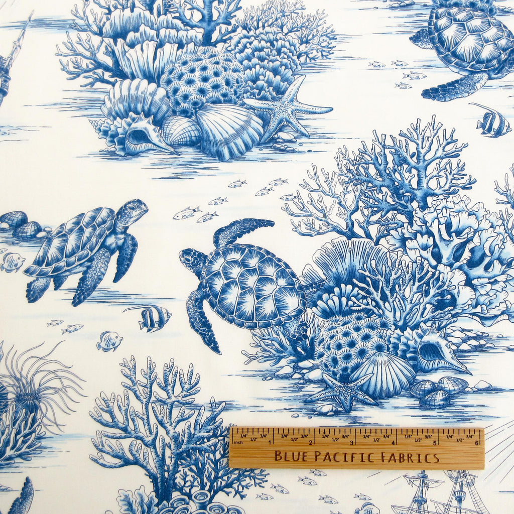 Fabric, Sea Turtle Toile in Blue, By the Half or Full Yard