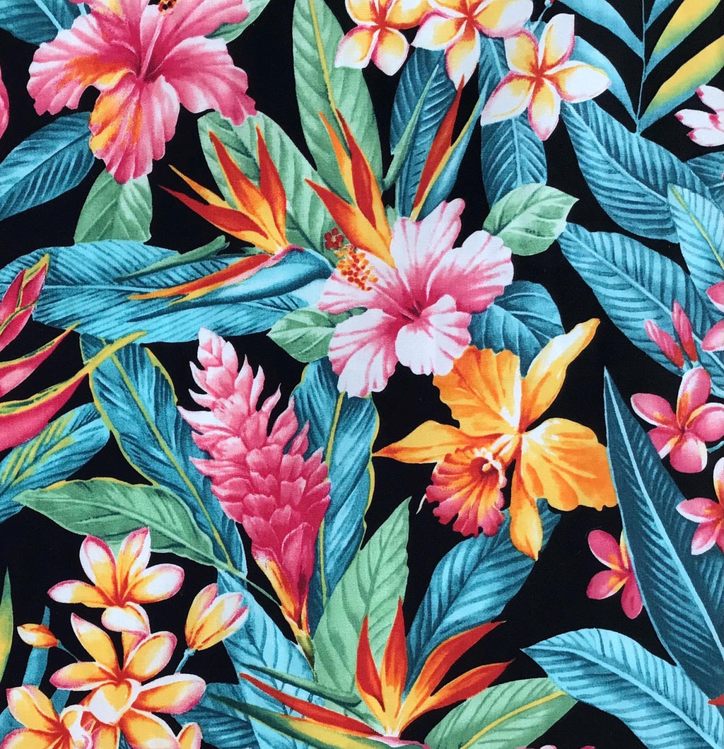 Tropical Fabric, Botanical Garden Paradise on Black, By the Half or Full Yard