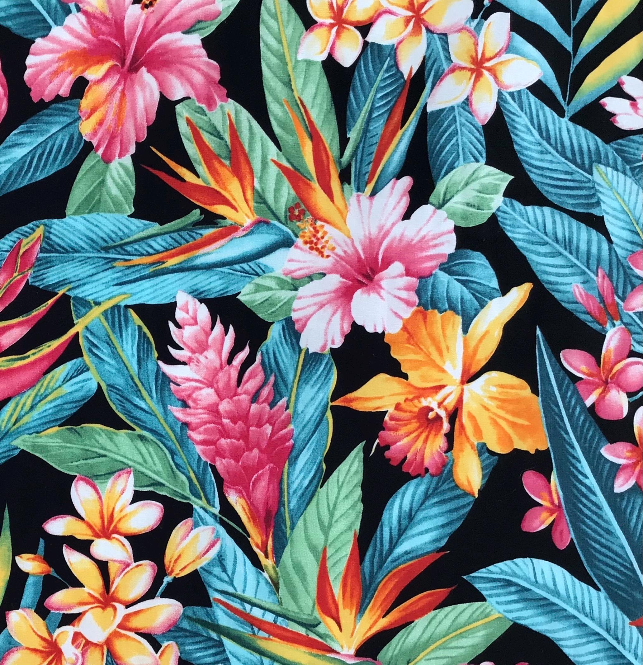 Tropical Fabric, Botanical Garden Paradise on Black, By the Half or Full Yard