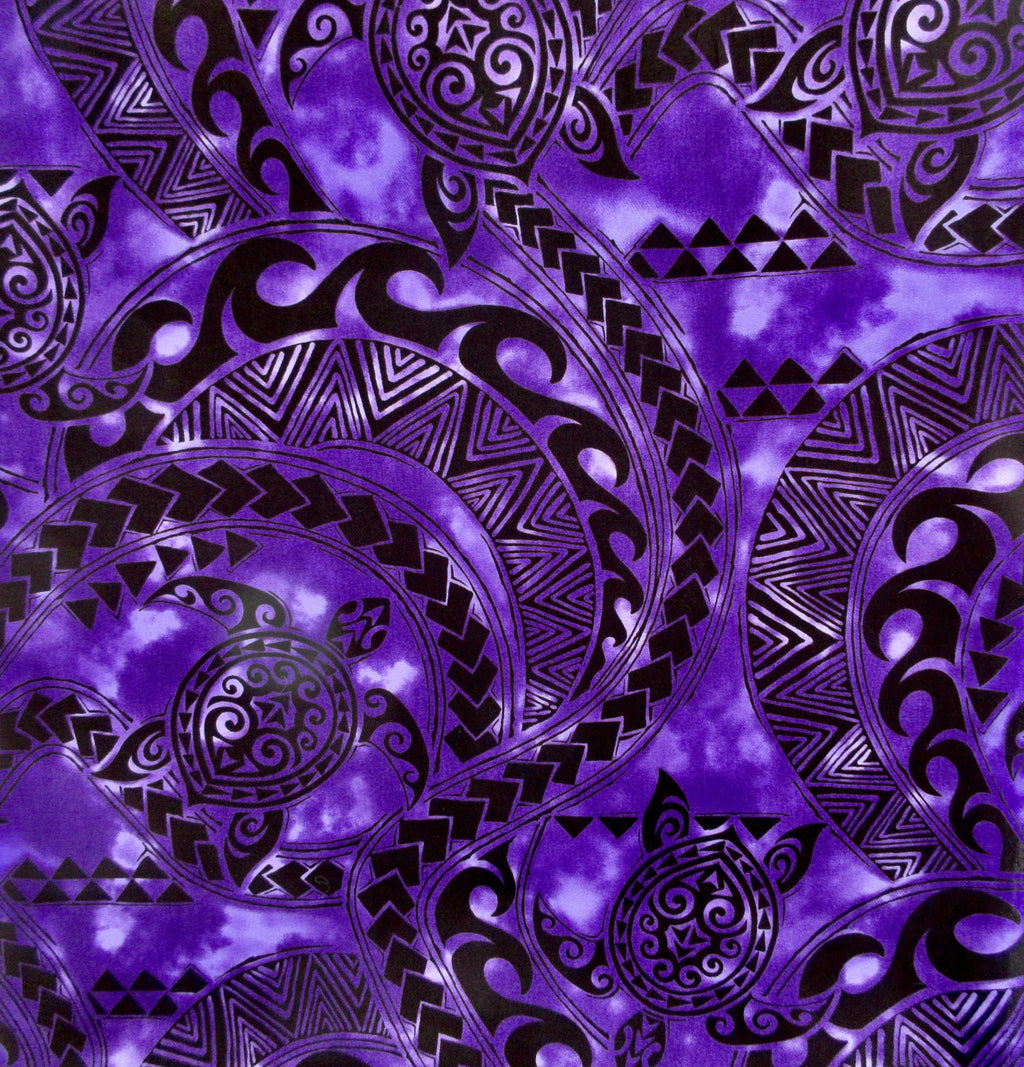 Turtle Fabric, Tattoo Sea Turtle in Purple, Hawaiian Polynesian Tapa Designs, By the Yard