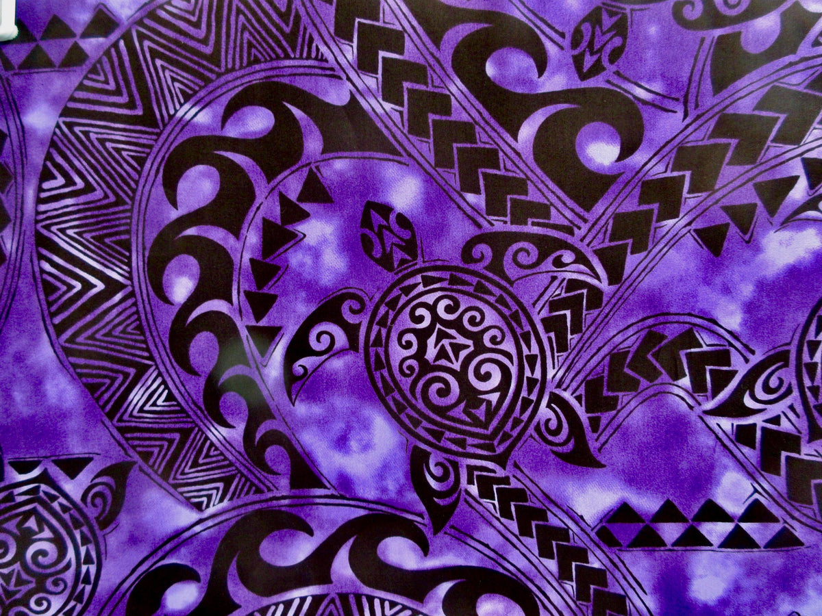 Turtle Fabric, Tattoo Sea Turtle in Purple, Hawaiian Polynesian Tapa Designs, By the Yard