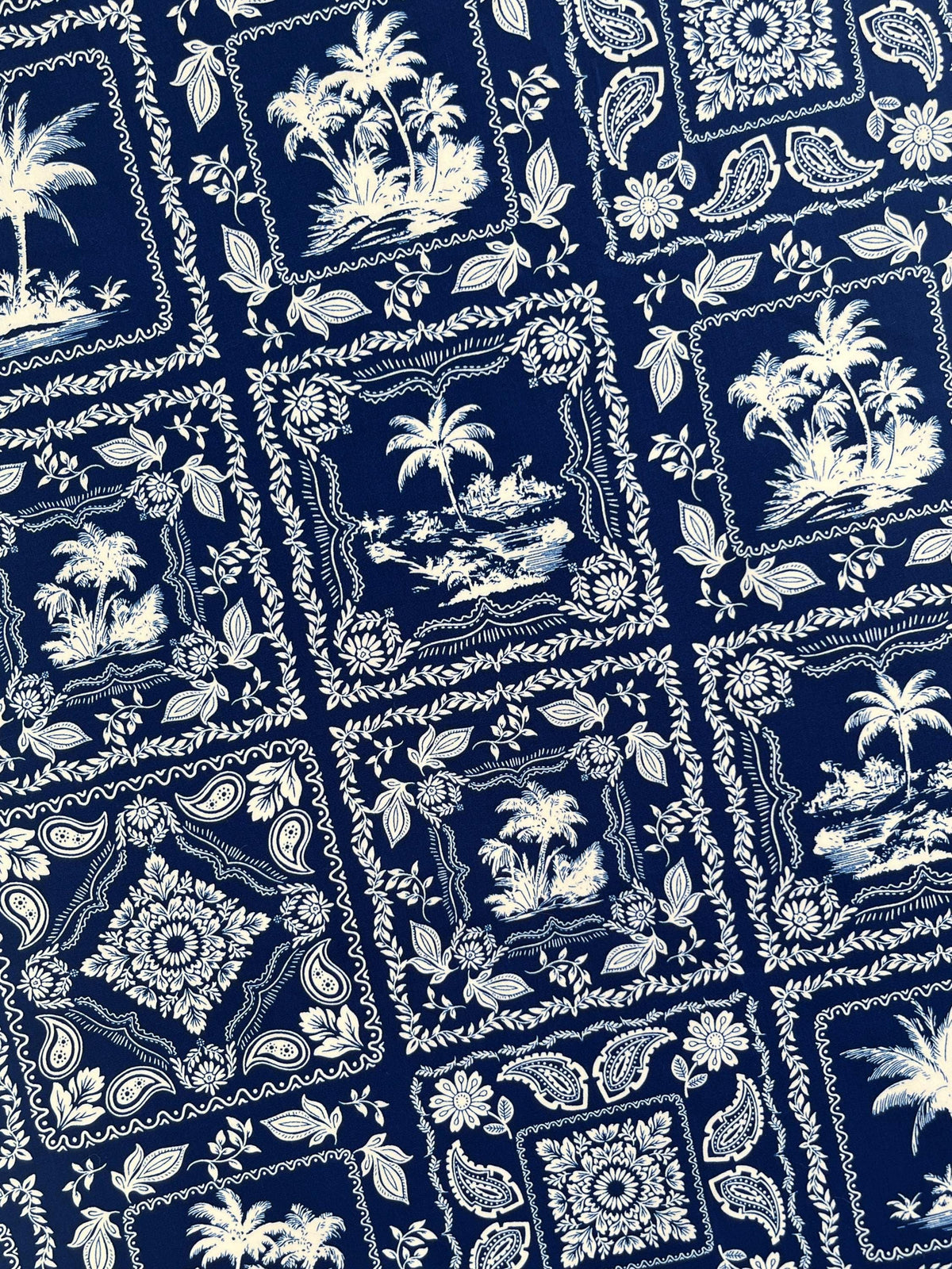 Fabric, Tropical Tiles in Navy Blue, By the Half or Full Yard