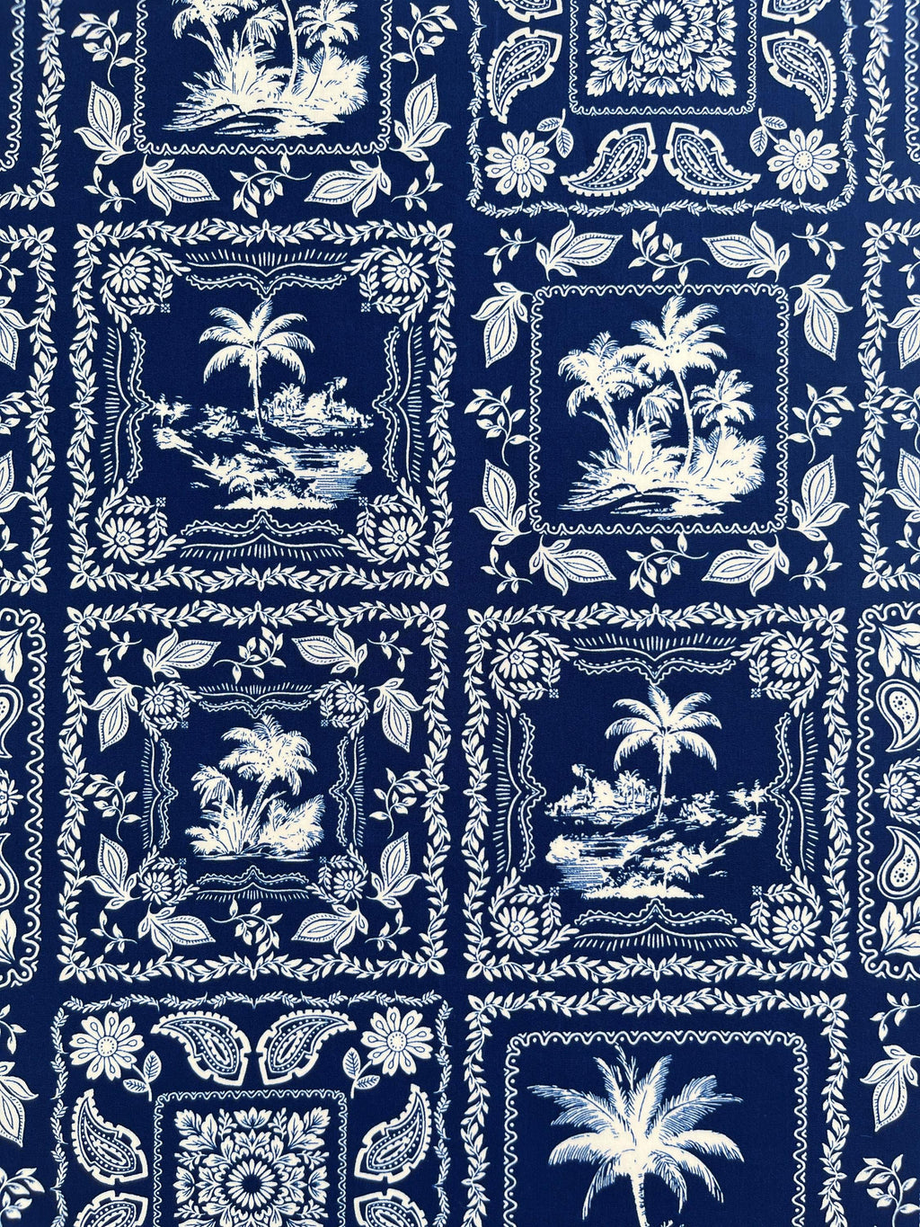 Fabric, Tropical Tiles in Navy Blue, By the Half or Full Yard