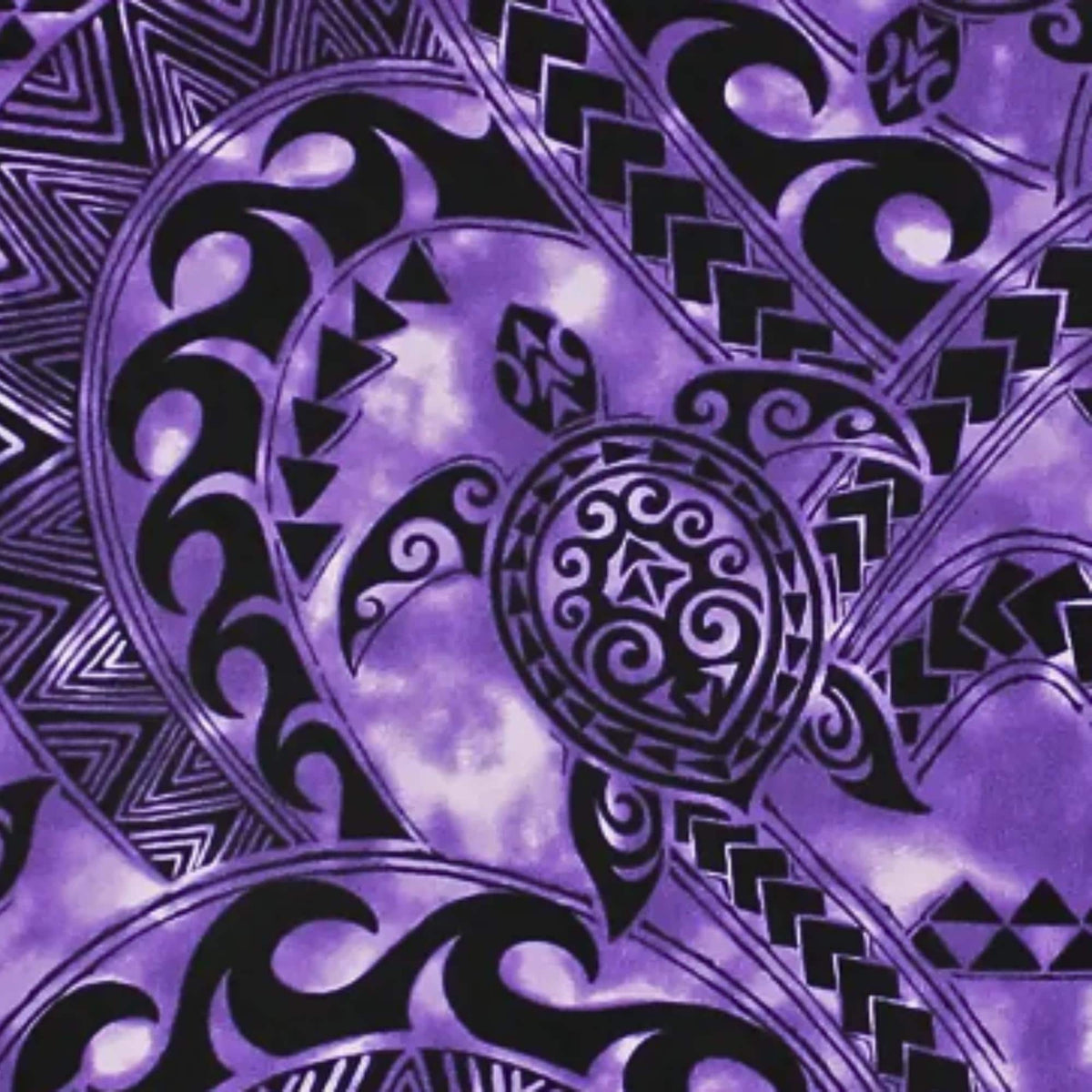 Turtle Fabric, Tattoo Sea Turtle in Purple, Hawaiian Polynesian Tapa Designs, By the Yard