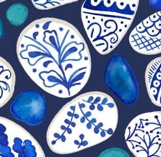 Fabric, Pottery Fragments on Blue, Porcelain and Sea Glass by Lewis and Irene, By the Half or Full Yard