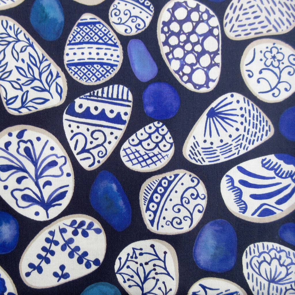 Fabric, Pottery Fragments on Blue, Porcelain and Sea Glass by Lewis and Irene, By the Half or Full Yard