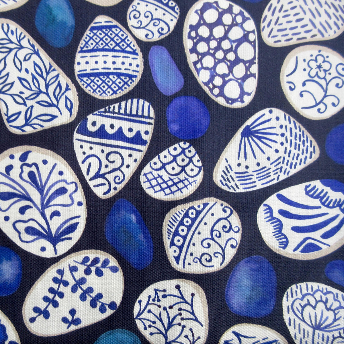 Fabric, Pottery Fragments on Blue, Porcelain and Sea Glass by Lewis and Irene, By the Half or Full Yard