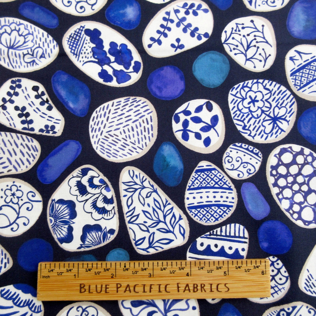 Fabric, Pottery Fragments on Blue, Porcelain and Sea Glass by Lewis and Irene, By the Half or Full Yard