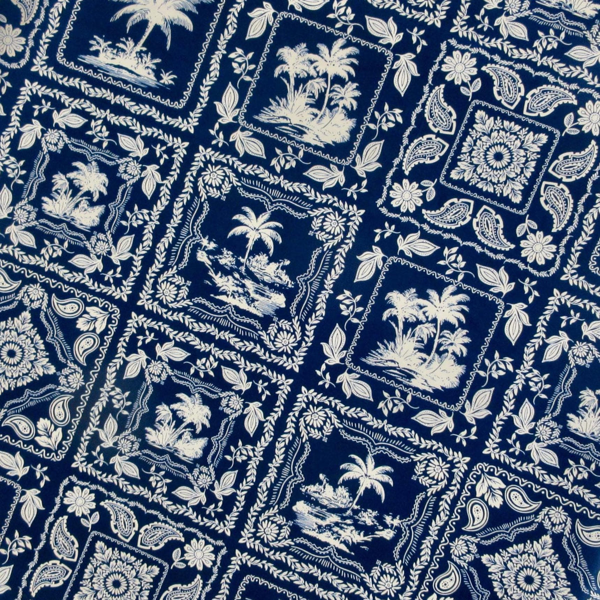 Fabric, Tropical Tiles in Navy Blue, By the Half or Full Yard