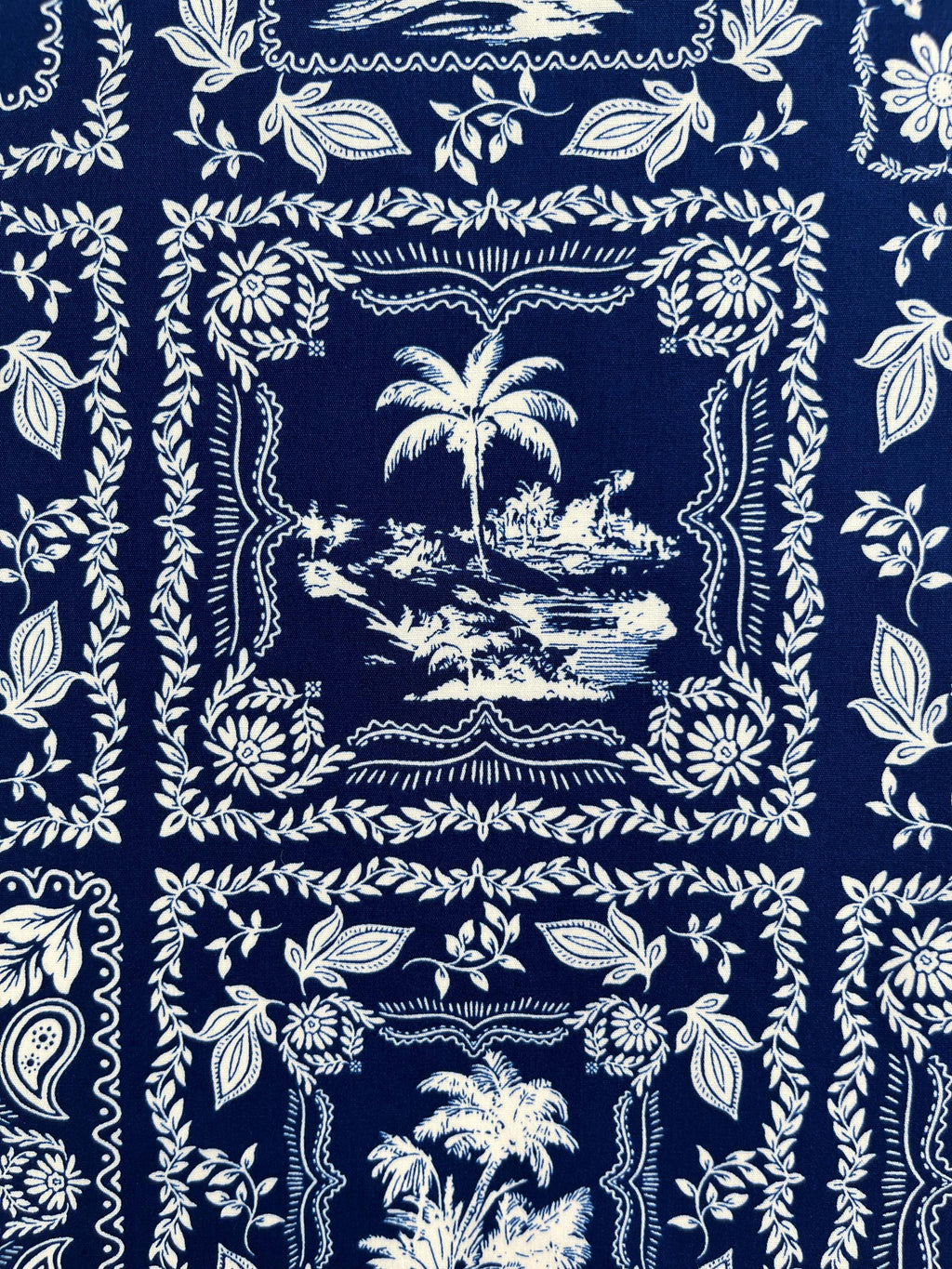 Fabric, Tropical Tiles in Navy Blue, By the Half or Full Yard