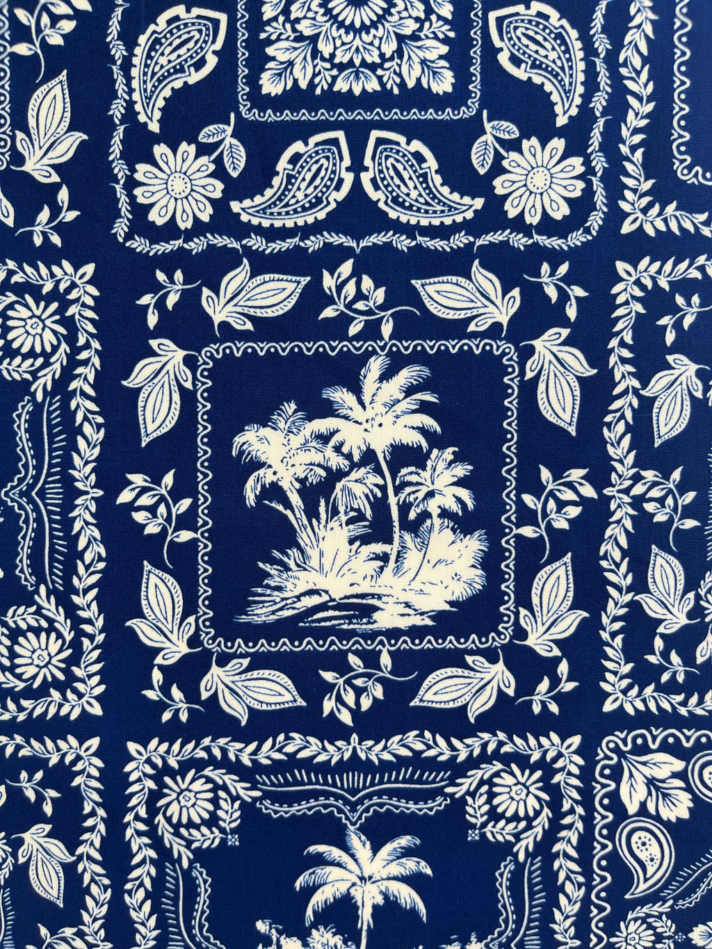 Fabric, Tropical Tiles in Navy Blue, By the Half or Full Yard