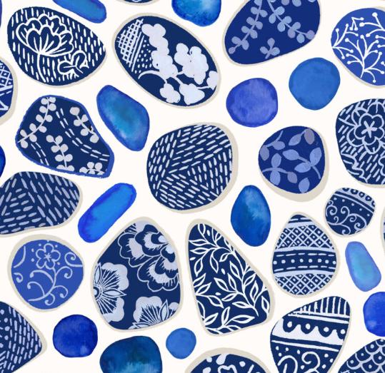Fabric, Pottery Fragments on Cream, Porcelain and Sea Glass by Lewis and Irene, By the Half or Full Yard