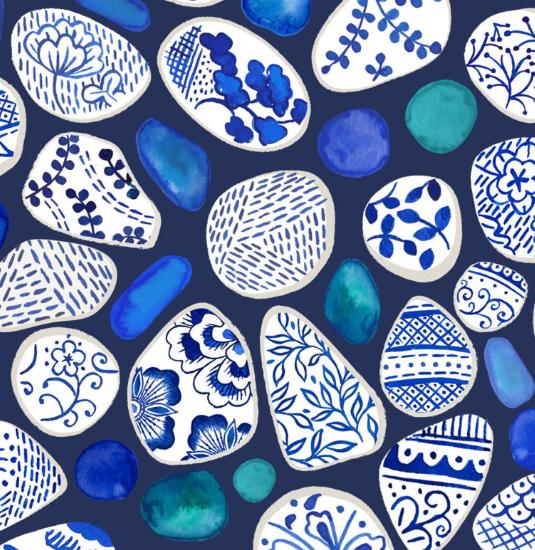 Fabric, Pottery Fragments on Blue, Porcelain and Sea Glass by Lewis and Irene, By the Half or Full Yard