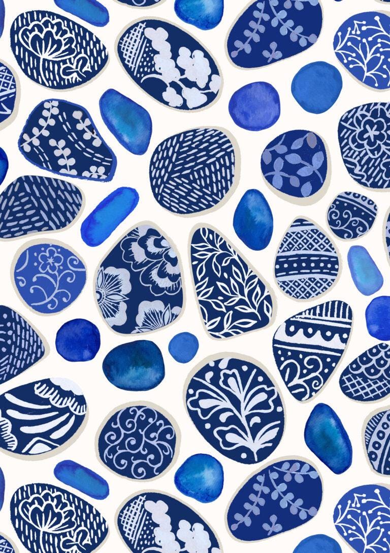 Fabric, Pottery Fragments on Cream, Porcelain and Sea Glass by Lewis and Irene, By the Half or Full Yard