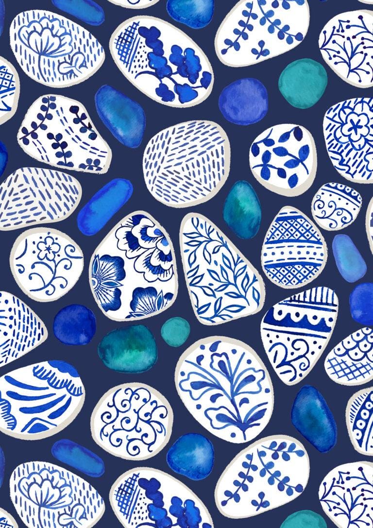 Fabric, Pottery Fragments on Blue, Porcelain and Sea Glass by Lewis and Irene, By the Half or Full Yard