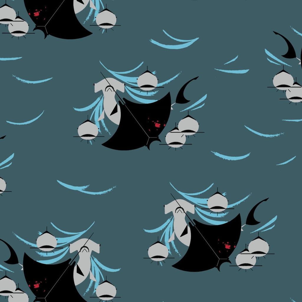 Fabric, Shark Feast on Teal Organic Poplin, Charley Harper Coastal Volume 2 ,By the Half or Full Yard