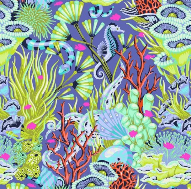Tula Pink Fabric, Reef What you Sew in Marine, Floral Reef, By the Half or Full Yard