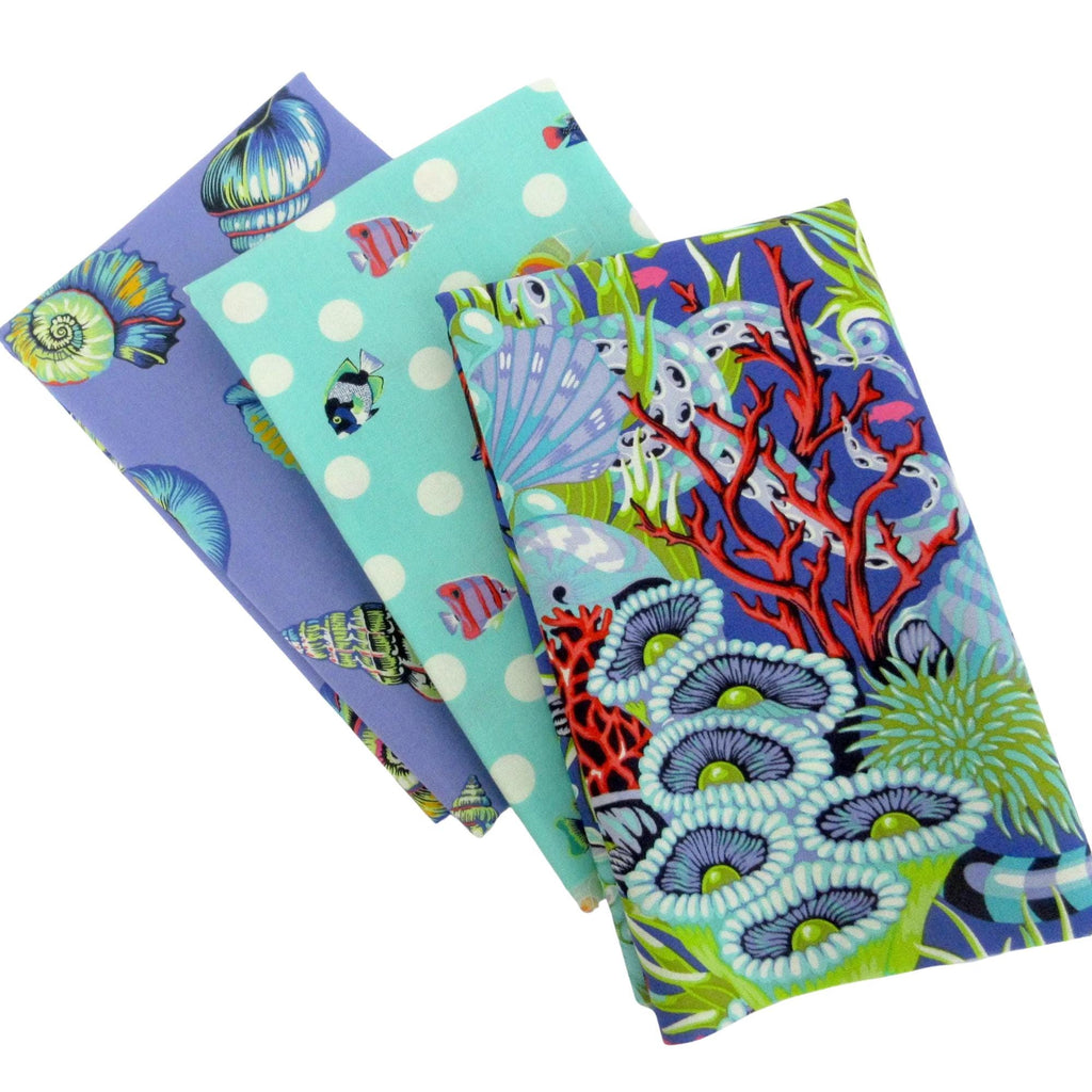 Fabric BUNDLE, Tula Pink Floral Reef in Marine, 3 Piece Half Yard Bundle