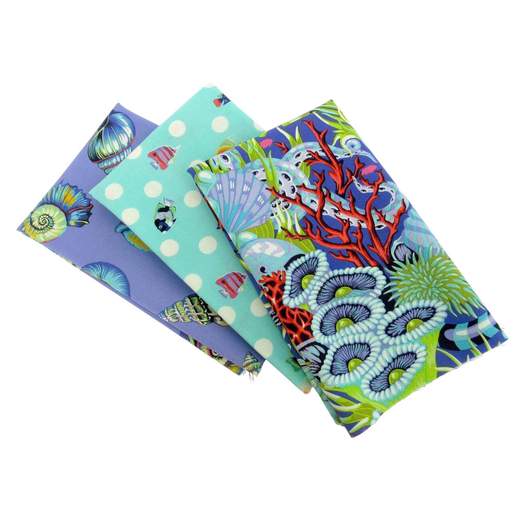 Fabric BUNDLE, Tula Pink Floral Reef in Marine, 3 Piece Half Yard Bundle