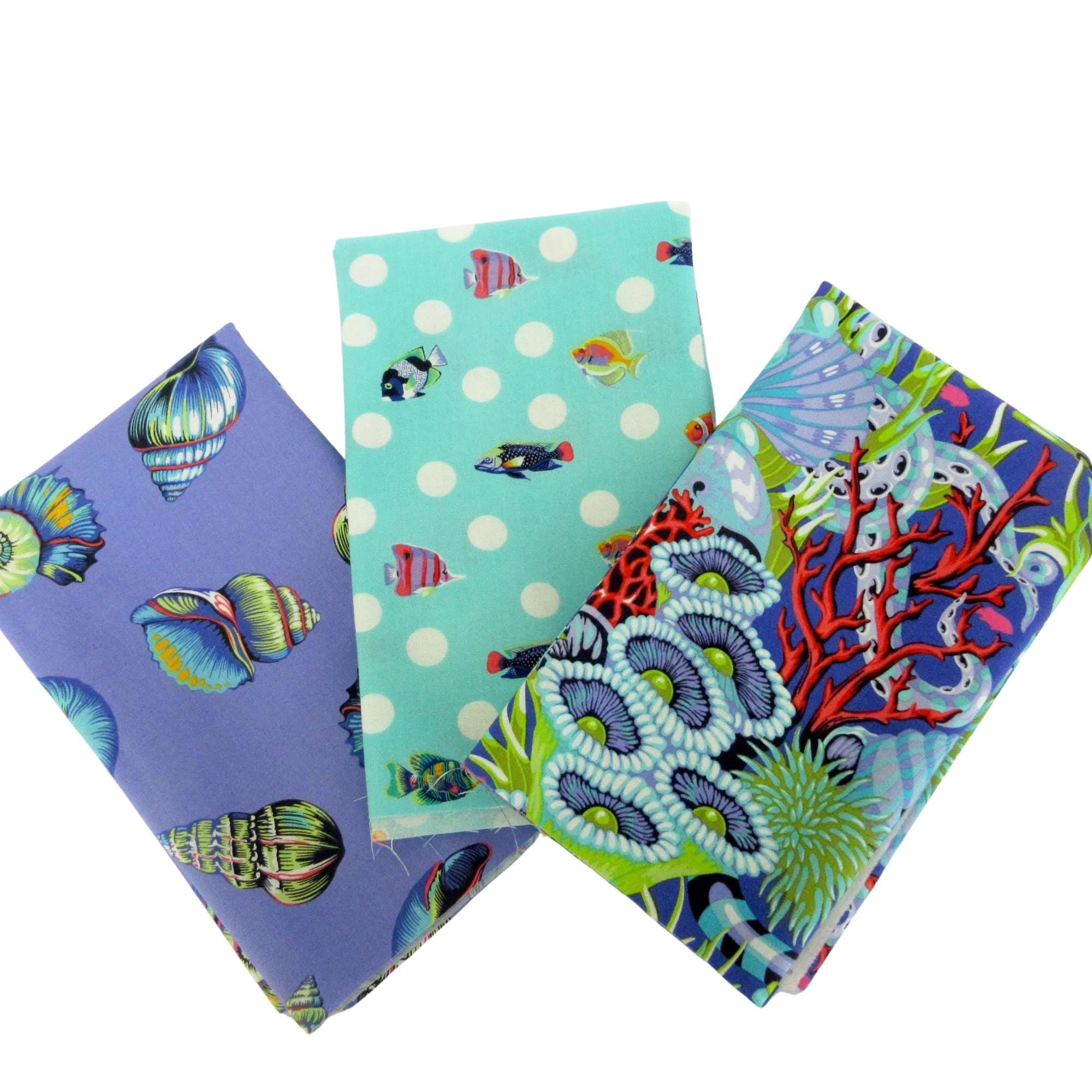 Fabric BUNDLE, Tula Pink Floral Reef in Marine, 3 Piece Half Yard Bundle