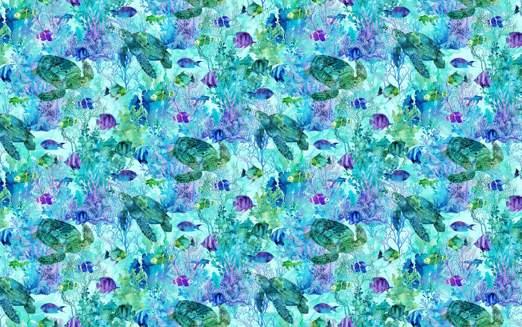Sea Turtle Fabric, Turtle and Fish, Coral Reef by Northcott Fabrics, By the Half or Full Yard