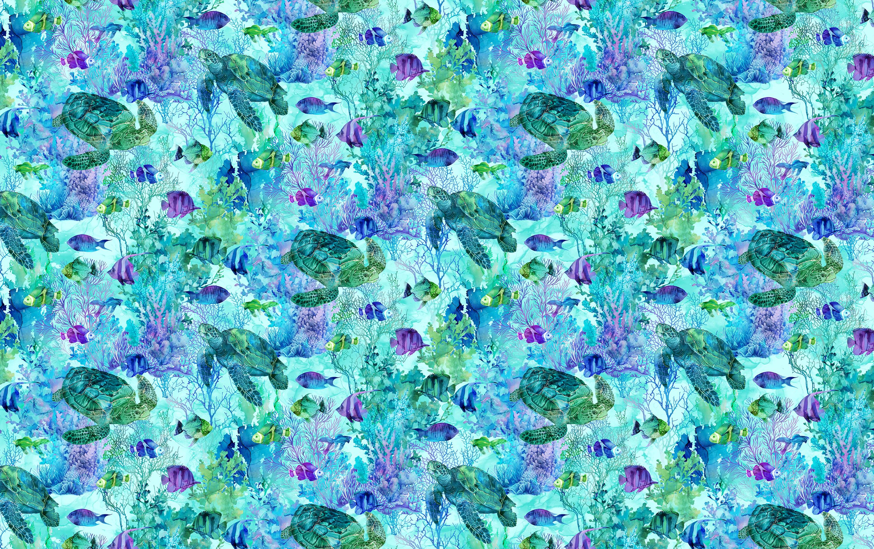 Sea Turtle Fabric, Turtle and Fish, Coral Reef by Northcott Fabrics, By the Half or Full Yard