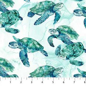 Sea Turtle Fabric, Turtles on White, Coral Reef by Northcott Fabrics, By the Half or Full Yard