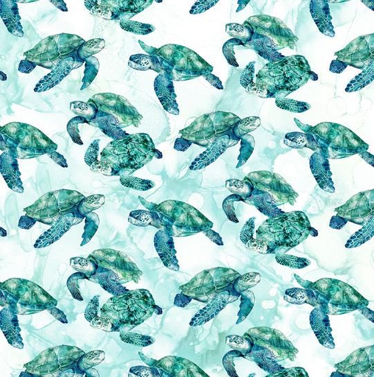 Sea Turtle Fabric, Turtles on White, Coral Reef by Northcott Fabrics, By the Half or Full Yard