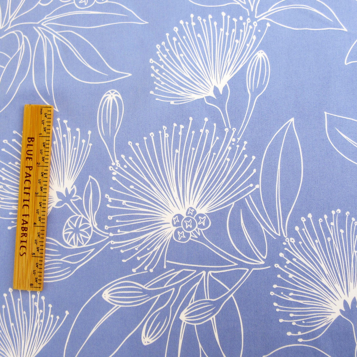 Fabric, Big Lehua Blooms on Periwinkle, Large Scale Tropical Hawaiian, By the Half or Full Yard