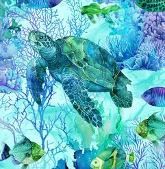 Sea Turtle Fabric, Turtle and Fish, Coral Reef by Northcott Fabrics, By the Half or Full Yard